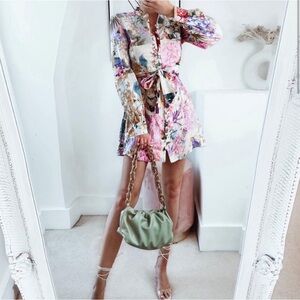 Fate Tropical Birds Floral Print Tie Waist Mini Dress. Size Small.